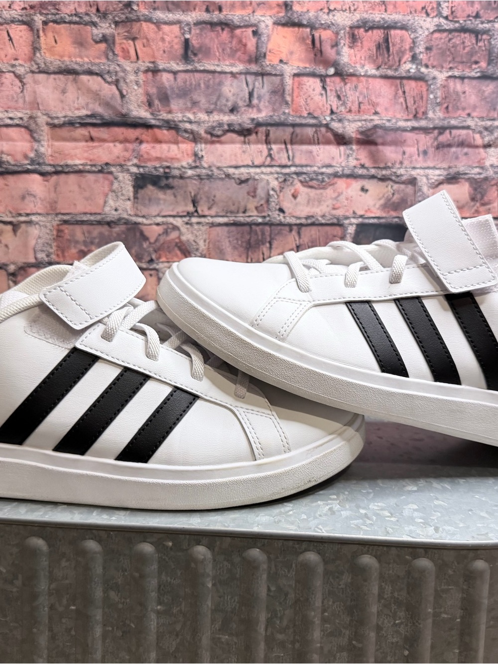 adidas White Kids Sneakers with Black Stripes - Velcro & Lace
